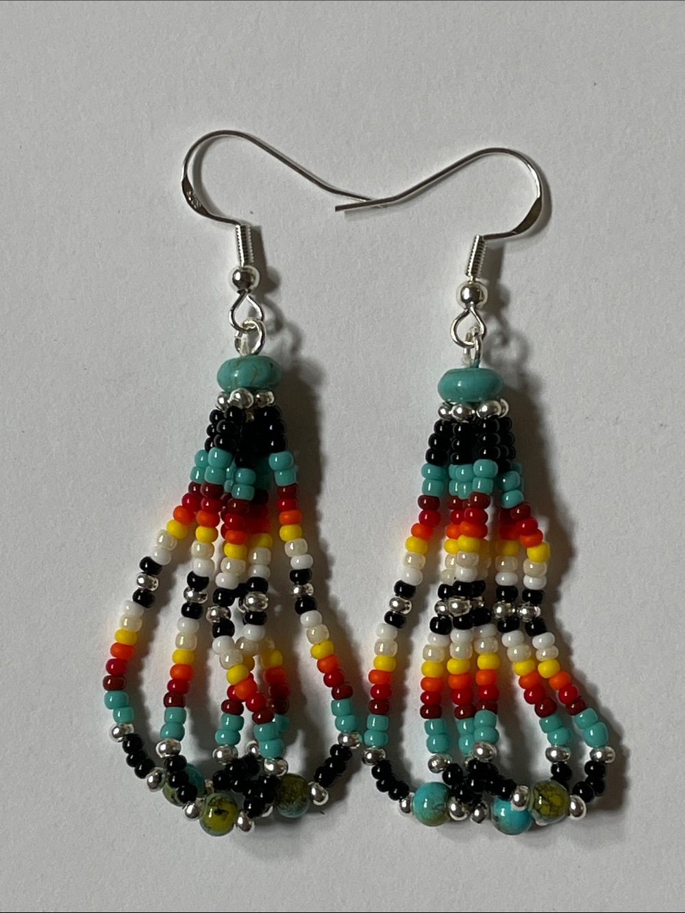 Handmade Beaded Loop Earrings Turquoise, Sterling, Red & Black
